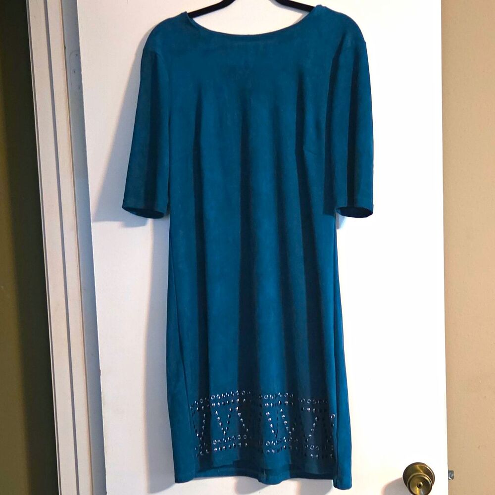 SPENSE Teal Velvet Shift Knee Dress 3/4 Sleeve Zip Studded Hem Size 12